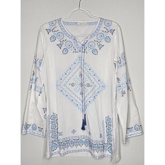 Tasha Polizzi Baja Blues Embroidered White Cotton Blouse Tunic Top Sz Medium - Picture 3 of 12